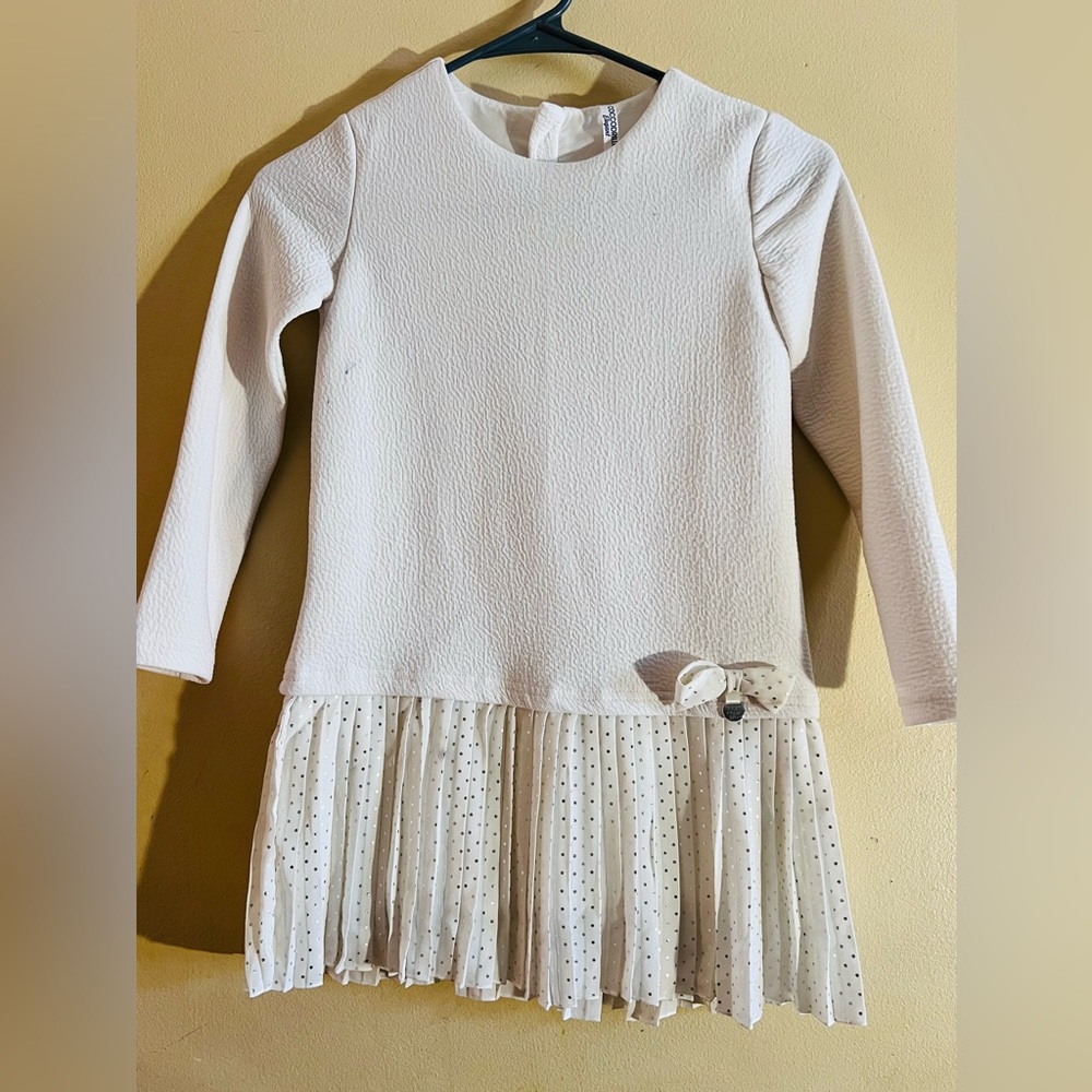 Cream Long Sleeve Dress with Polka Dot Skirt